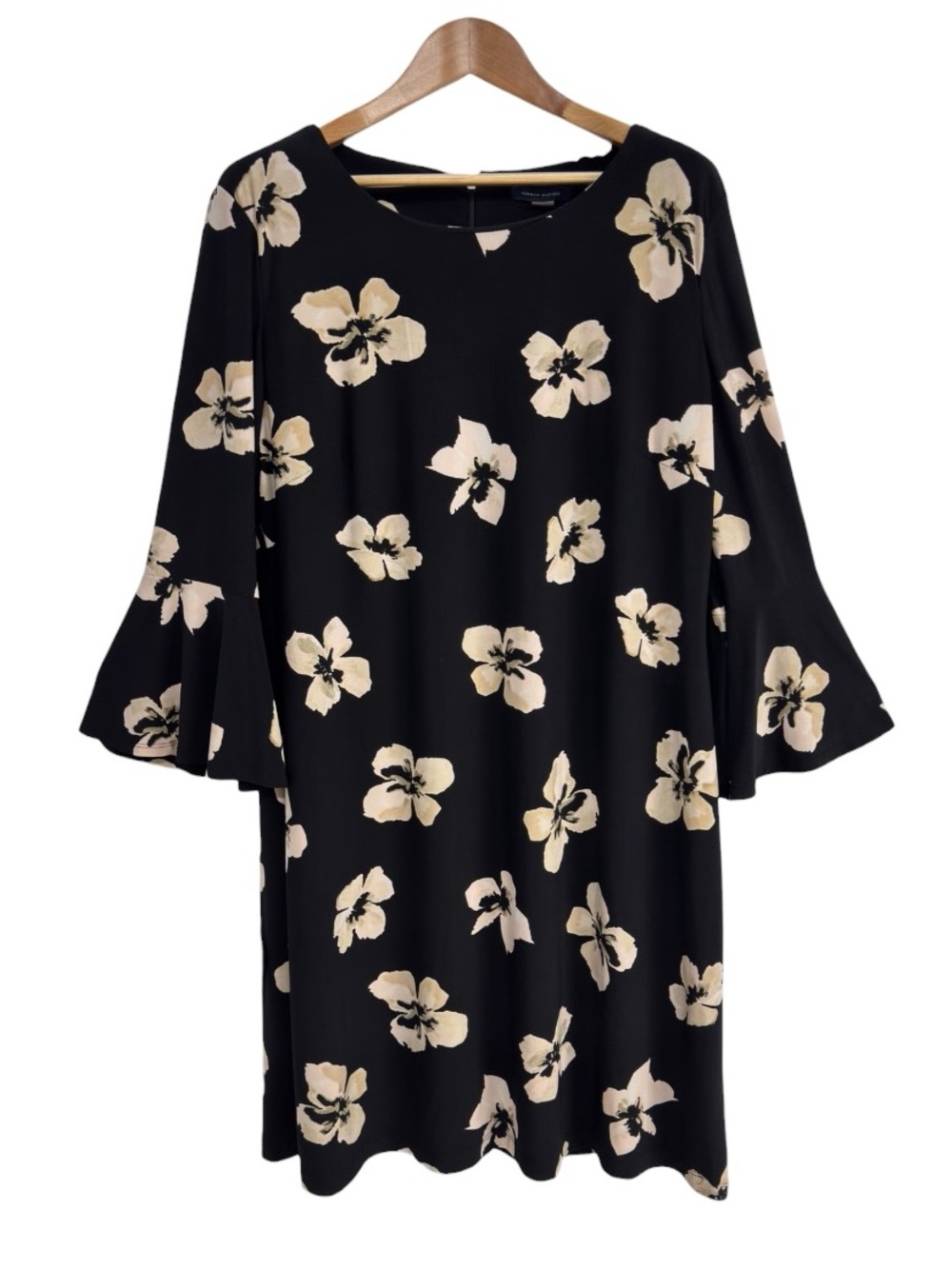 Tommy Hilfiger Floral Bell Sleeve Shift Dress Black Cream Size 16 Stretch